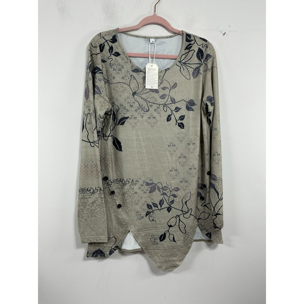 Womans New Floral Long Sleeve Pullover Blouse Medium Taupe
